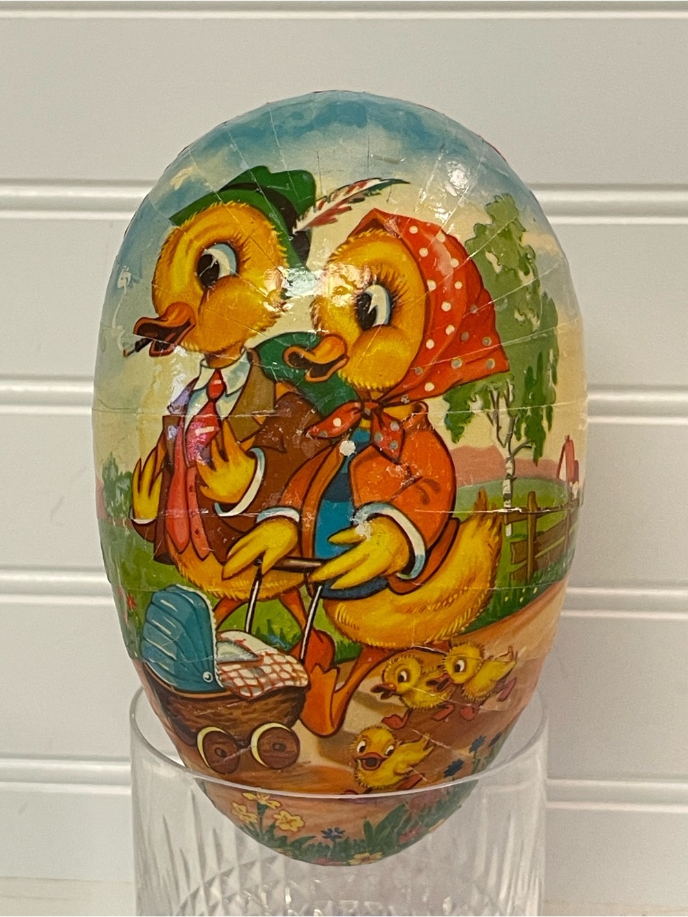 Western German 6.5" Paper Mache Easter Egg Candy Container Duck Family